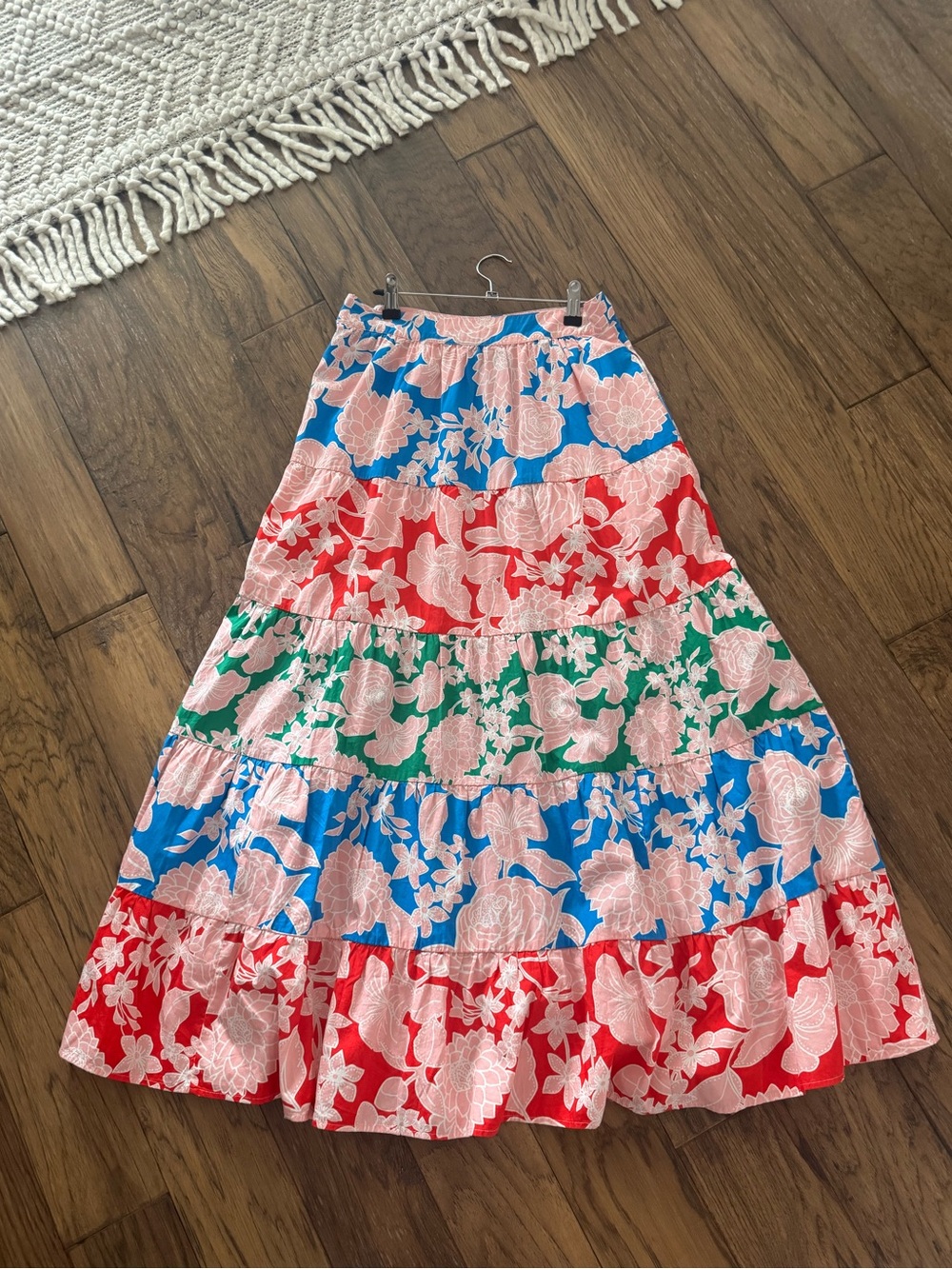 Boden Floral Tiered Maxi Skirt in Blue, Red, Green, Pink